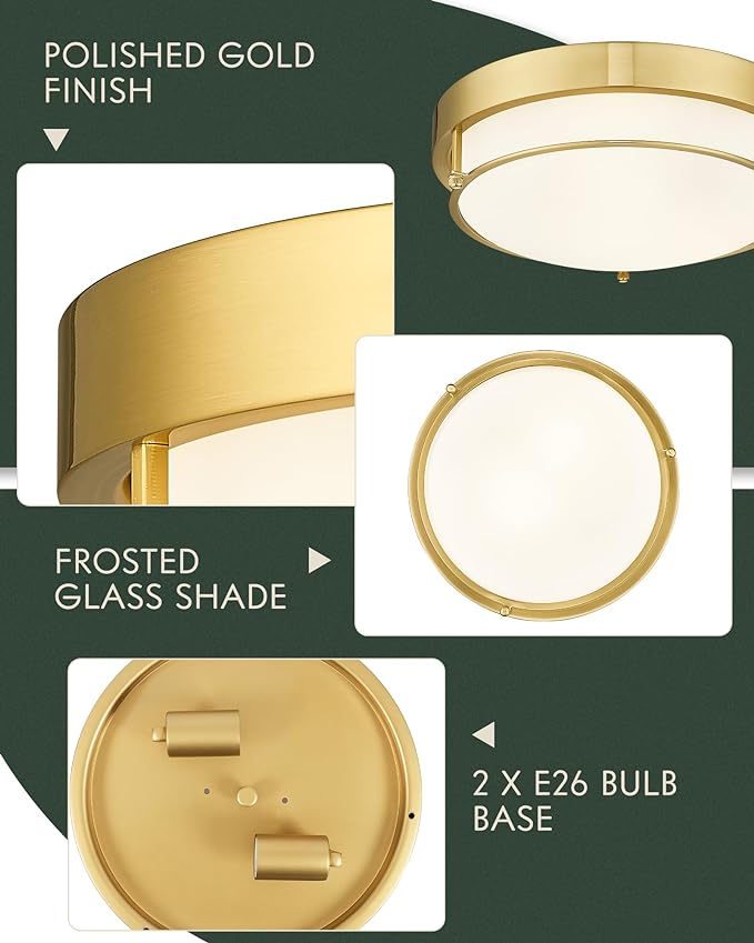 12 inch Flush Mount Light Fixture, 2-Light Modern Ceiling Light with Polished Gold Finish for Hallway Kitchen Laundry Bedroom, 4822-PG
