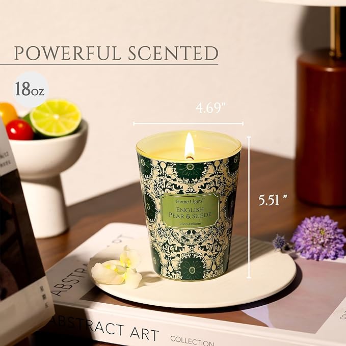 HomeLights Soy Wax Candles for Home Scented, 1-Wick Candles in English Pear & Suede Scented, Aromatherapy Candles Gift for Parties, Relaxing, Bohemian Natural Textures, 6.7oz