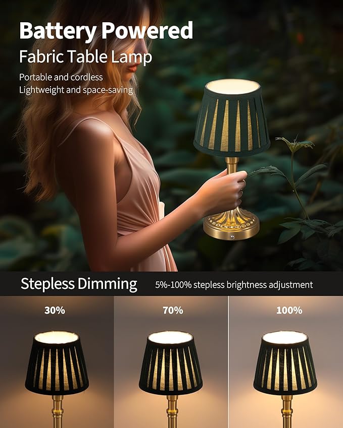 KDG Cordless Portables Table Lamp Set of 2, LED Fabric Shade Small Desk Lamps, 5000mAh Battery Powered Lighting, 2700K Stepless Dimmable Light for Living Room, Dining Room, Bedroom (Bronze+Green)