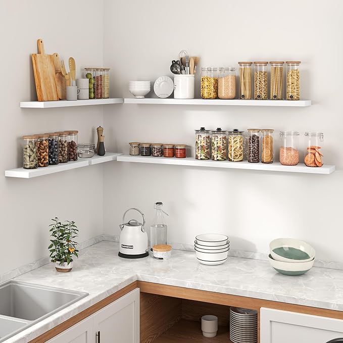 Heimlove Floating Shelves for Wall,16 inchs Shelf for Small Bathroom,Mounted Storage & Display Shelves for Bedroom,Living Room,Kitchen,Office,Set of 2,White