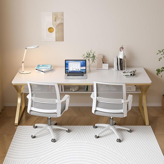 Extra Long Desk with Bookshelf - 71" Double Long Writing Table for 2-Person Workstation, Modern Study Work Computer Desk for Home and Office, Gold