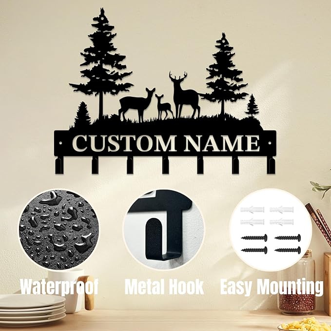 Personalized Custom Name Forest Deer Wall Keys Hooks,Metal Forest Deer Art Clothes Hooks,Metal Forest Deer Wall Home Storage Decorative,For Front Door, Hallway, Kitchen, Bedroom,Keys,Hats (Style I)