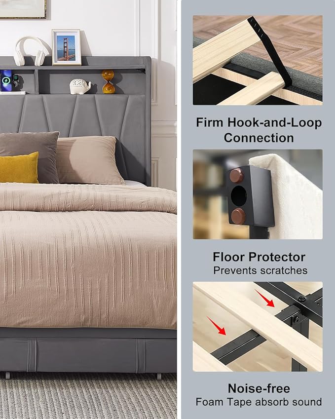 Queen Bed Frame, Velvet Upholstered LED Platform Bed with Headboard Storage, Queen Bed Built-in Charging Station with 2 Drawers, Wood Slat Support, No Box Spring Needed, Grey