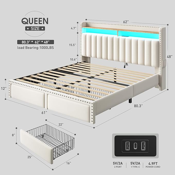 EnHomee Queen Bed Frame with 2 Storage Drawers, Upholstered Platform Bed with LED Lights and Charging Station, Sturdy Wooden Slats Support, No Box Spring Needed, Noise Free, Beige