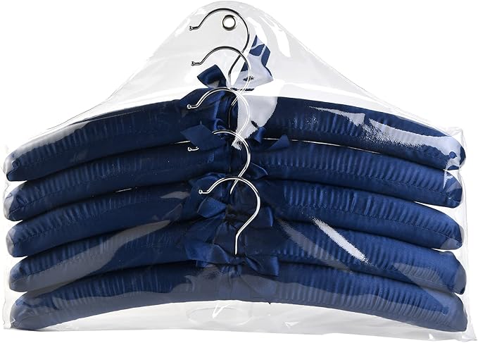 Blue Satin Padded Sweater Hangers 5 Pack, Blouse Hanger with Thick & Soft Foam for Bridal Wedding Dress Lingerie, Smooth Silk Covered Shirt Hanger Without Shoulder Bump