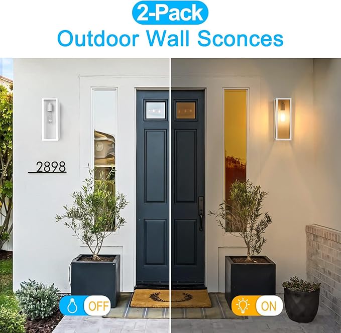 2-Pack Outdoor Wall Lanterns, Exterior Waterproof Wall Sconce with Glass Shades, White Porch Lights Mounted, Anti-Rust E26 Modern Lighting Fixtures for Patio Garage Entryway Front Door