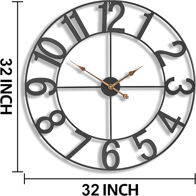 Sorbus 32-Inch Large Wall Clock – Decorative Black Metal Clock with Gold Hands – Silent, Battery Operated, Modern Wall Decor for Living Room, Kitchen, or Office – Great Gift for Housewarming or Office