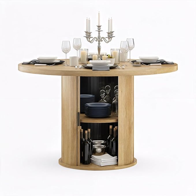 Farini 43" Round Dining Table for 4-6 with Storage Space,Modern Kitchen Room Table with Wood Top & Sturdy Metal Base,Natural