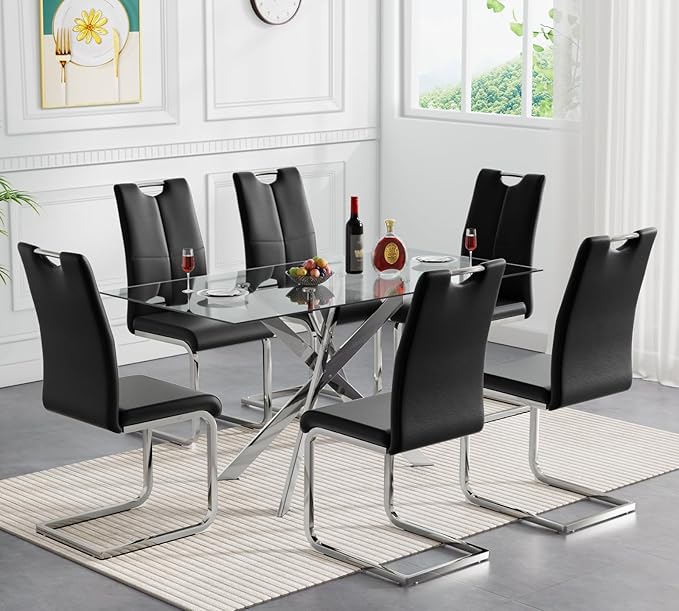 Modern Glass Dining Table Set for 6, Silver Glass Kitchen Table and Chairs Set of 6, 7 Piece Dining Room Table Set with 61" Rectangular Metal Glass Dinner Table and 6 Black Leather Dining Chairs