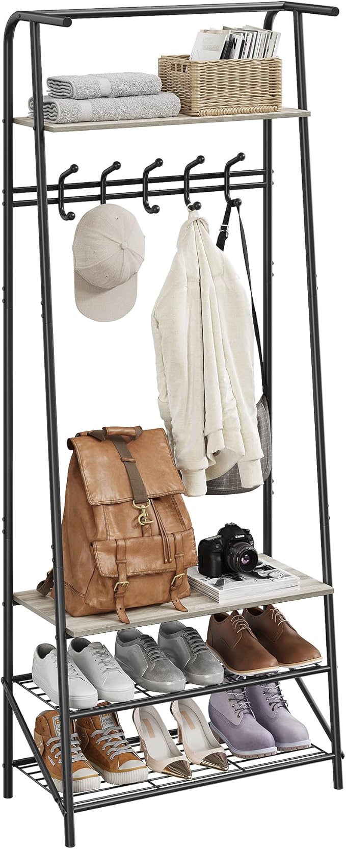 MDF Hall Tree with Bench, 4-in-1 Entryway Coat Rack with Storage Shelf & Shoe Organizer, Sturdy Freestanding Furniture for Living Room, Bedroom, Mudroom