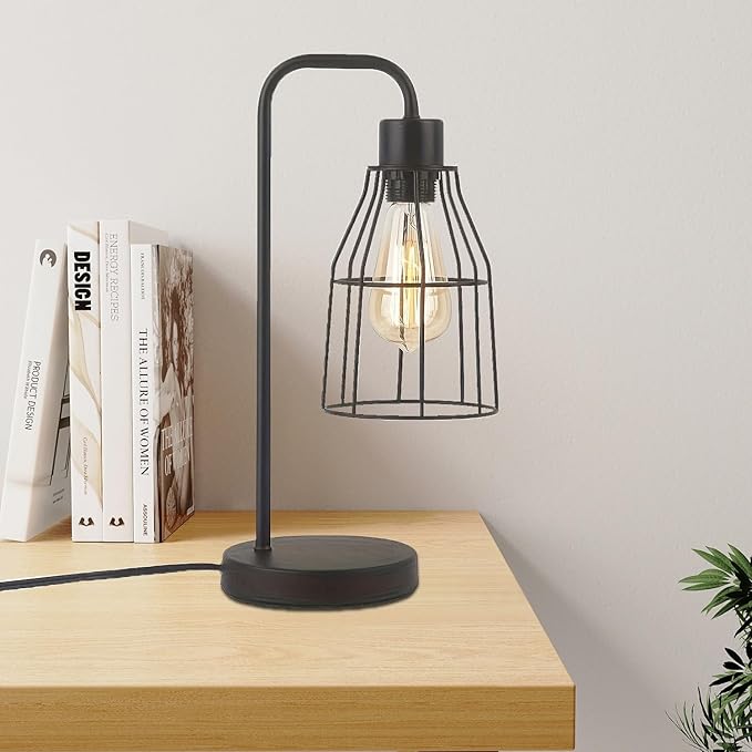 Industrial Vintage Table Lamp with Plug-in Cord Switch, Black Farmhouse Table Lamp with Metal Cage Shade, E26 Base Edison Bedroom Nightstand Light for Bedside, Office, Living Room
