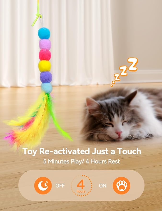 Laser Interactive Cat Toys, LED Light, 8 PCS Replacement Teaser with Bell Refills, Feather & Mouse Cats Toy, Hanging Cat Toys for Indoor Cats, for Bored Adult Kitten Exercise, Silver