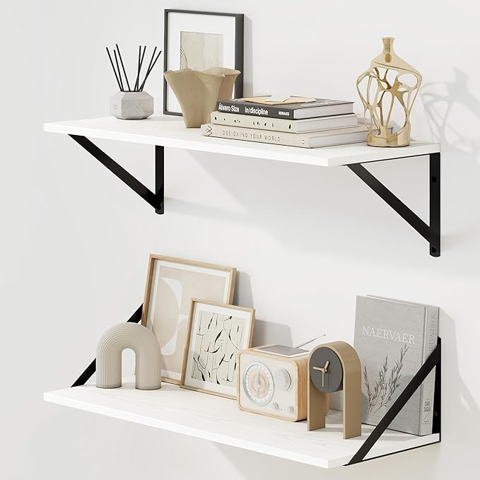 Fun Memories Deep Floating Shelves for Wall, 24W x 8D Wall Mounted Shelves Set of 2, Wide Display Ledge Shelf with Sturdy Metal Brackets for Living Room, Bathroom, Bedroom and Kitchen, White