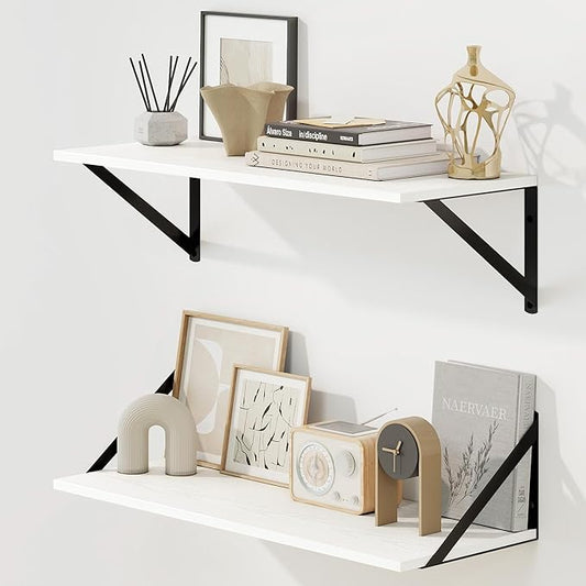 Fun Memories Deep Floating Shelves for Wall, 24W x 8D Wall Mounted Shelves Set of 2, Wide Display Ledge Shelf with Sturdy Metal Brackets for Living Room, Bathroom, Bedroom and Kitchen, White