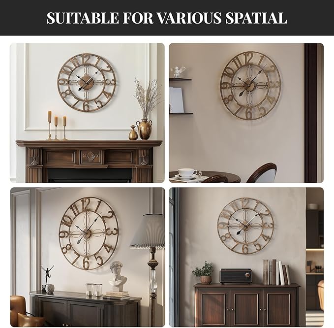 20 inch Large Wall Clock, Modern Decorative Wall Clocks for Living Room Decor, Metal Round Clock Battery-Operated Silent Non Ticking Retro Rustic Arabic Numerals Analog, Bronze