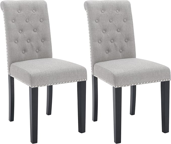 Westice Dining Room Chairs Set of 2 Upholstered Fabric Kitchen Chairs Dining Room Side Chair with Nailhead Trim and Rubber Wood Legs for Small Space Apartment, Light Gray