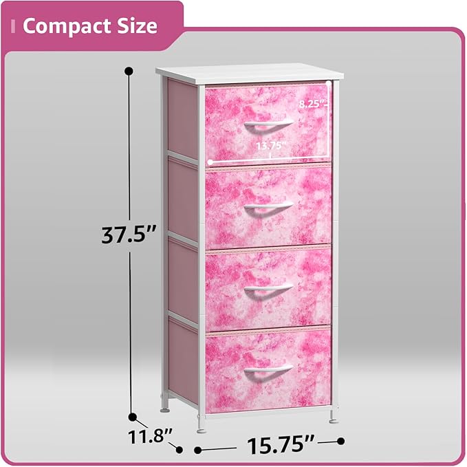 Sorbus Dresser Storage Tower, Organizer Drawers for Closet Boys & Girls Bedroom, Bedside Furniture, Chest for Home, College Dorm, Steel Frame, Wood Top, Tie-dye Fabric Bins(4-Drawer, Pink)