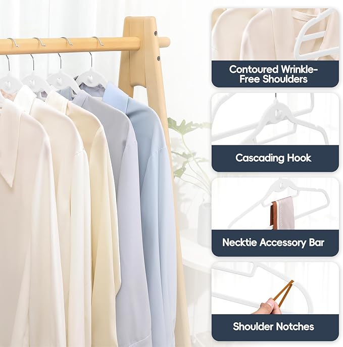 Velvet Hangers 50 Pack, Non Slip Stackable Clothes Hangers with Cascading Hooks, Ultra Thin and Space Saving Felt Hangers with Tie Bar, 360° Swivel Hooks, Heavy Duty for Suit Coat Shirt Pant- White