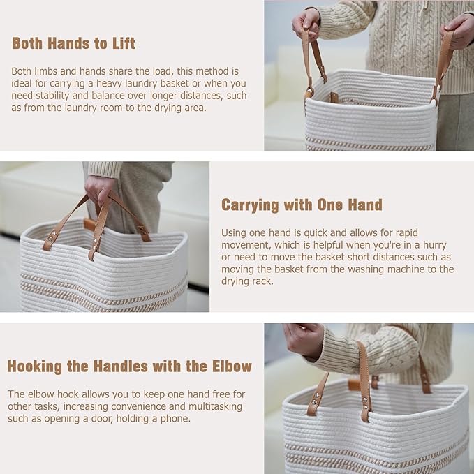 danpinera Large Laundry Hamper – 75L Tall Woven Cotton Storage Basket with Leather Handles, Slim Dirty Clothes Hamper, Decorative Storage Basket for Blanket,Toys White & Jute