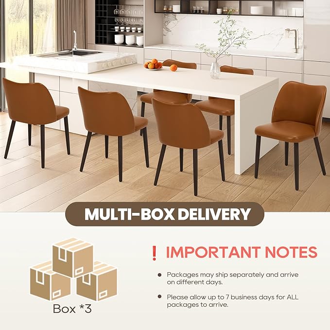 Wooden Dining Chairs Set of 6, Upholstered Kitchen Dining Room Chair, Modern Faux Leather Farmhouse Dinner Chair for Restaurant & Cafe, Light Brown