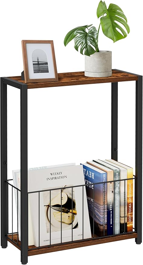 Narrow Side Table with Magazine Holder, Skinny End Table Perfect for Small Spaces, Space-Saving Design for Living Room, Bedroom, or Office, 7.1" D x 16.9" W x 23.6" H, Rustic Brown