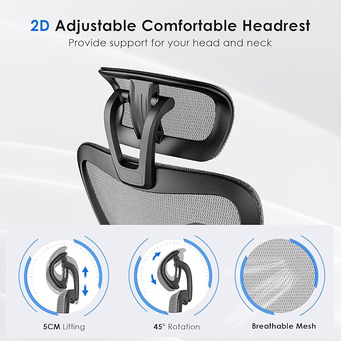 Soohow Ergonomic Office Chair,High Back Desk Chair with Adjustable Lumbar Support and Headrest,Comfy Computer Chair with 3D Armrest Recling Swivel Chair for Home, Office, Study Room, Black & Grey