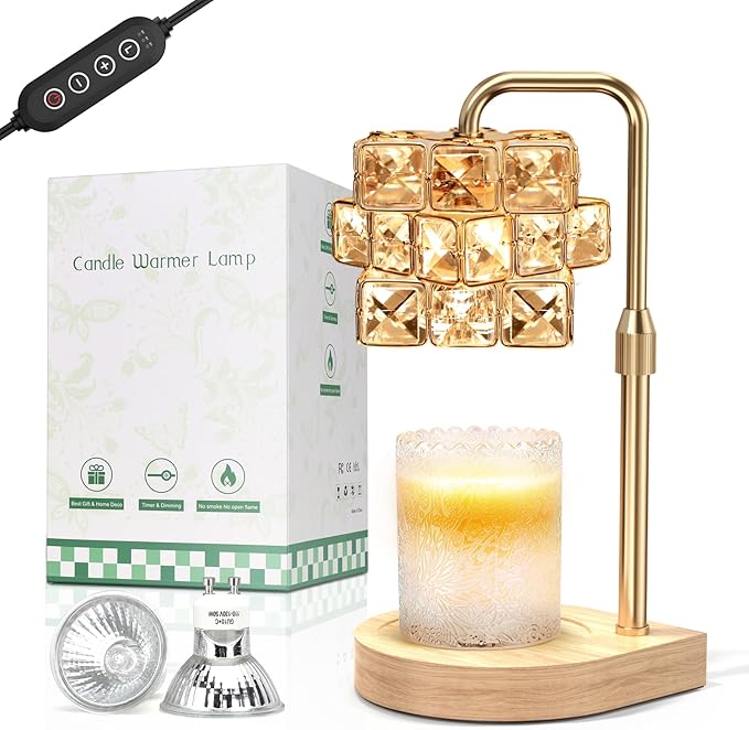 Uflatek Candle Warmer Lamp with Timer, Adjustable Height Dimmable Electric Candle Lamp Warmer with 2 Bulbs, Wax Melting Lamp for Vintage Home Decor, Housewarming Gift