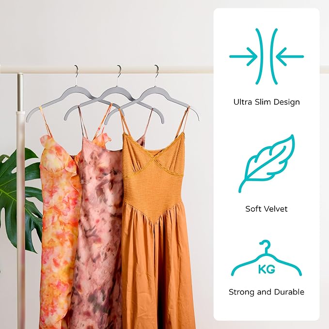 Premium Velvet Shirt Hangers 30 Pack, Space-Saving Non-Slip Felt Hanger with 360° Swivel Hook, Slim Flocked Hangers for Strappy Dresses, Blouses, Tank Tops(Grey)