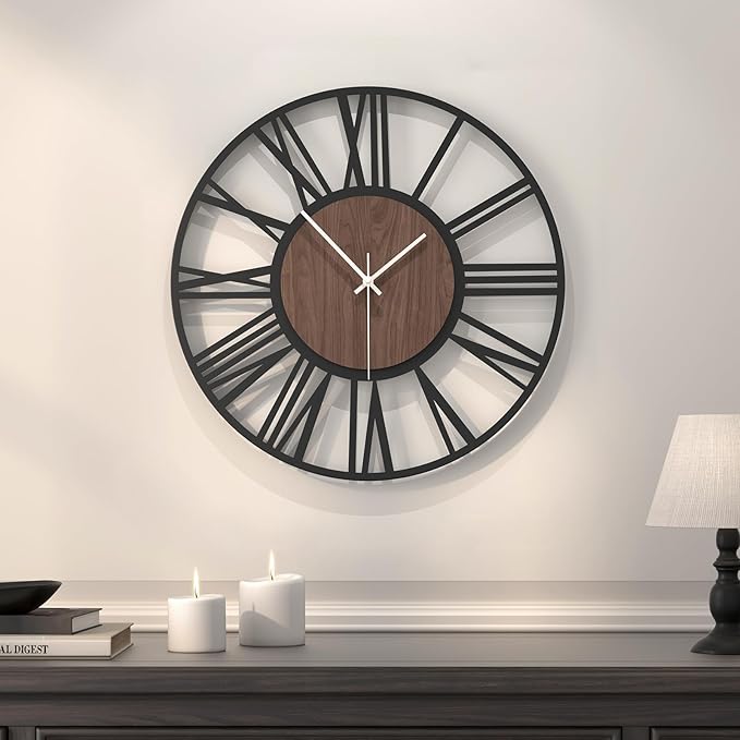 Wall Clock, Modern Clocks for Living Room Decor, 16 inch Wood Walnut Dial Decorative Wall Clock Battery Operated, Non Ticking Silent Black Metal Clock for Bedroom, Kitchen, Office-Roman Numerals
