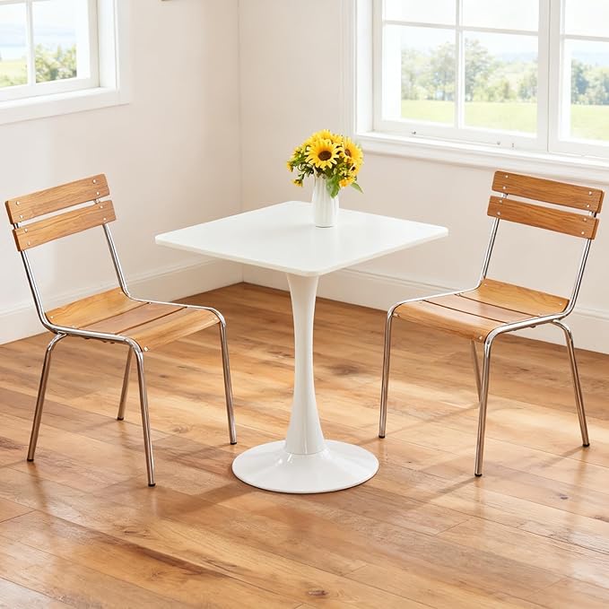 Square Dining Tulip Table for 2, Mid-Century Modern Table with Sturdy Metal Pedestal for Kitchen, Bistro, Cafe, Leisure (White, 24 INCH)