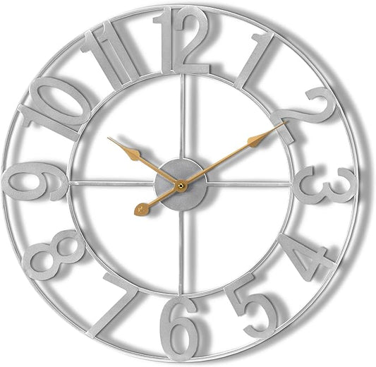 Sorbus 16-Inch Large Wall Clock – Decorative Silver Metal Clock with Gold Hands – Silent, Battery Operated, Modern Wall Decor for Living Room, Kitchen, or Office, Great Gift for Housewarming or Office