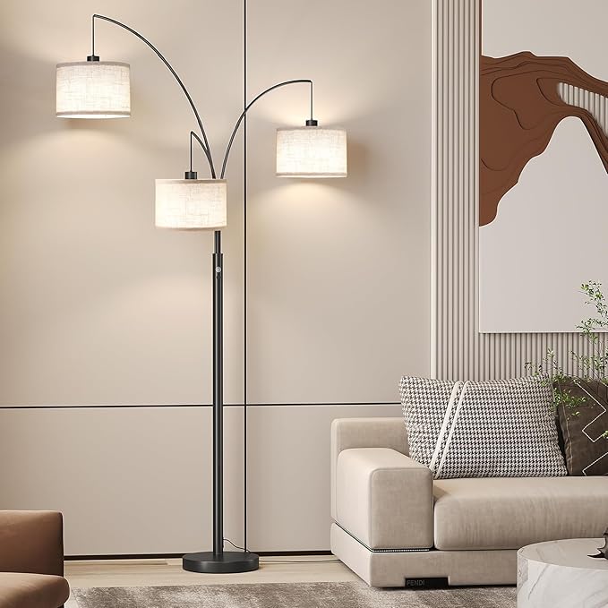 SUNMORY 3 Lights Floor Lamp for Living Room, 78" Tall Standing Lamp with Hanging Drum Shade, Modern Arc Floor Lamps with Heavy Base, Mid Century Arched Tree Floor Lamp for Bedroom, Office, Corner