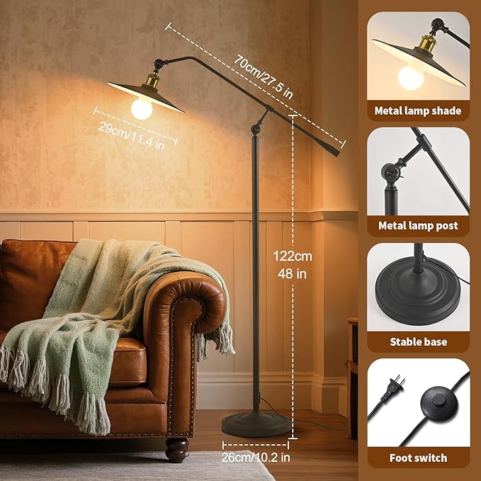 Swing Arm Floor Lamp with Smart Remote Control and Bluetooth Dimming,Living Room Corner Bedroom Office Library Farmhouse Reading Standing Lights, Bright Adjustable Black Rustic Industrial Home Decor