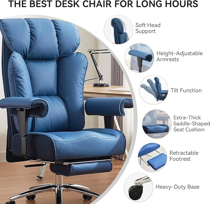 Efomao Desk Office Chair, Ergonomic Office Chair with Adjustable Headrest & Lumbar Support, PU Leather Back Computer Desk Chair for Home Office or Gaming, Swivel Height Adjustable Task Chair