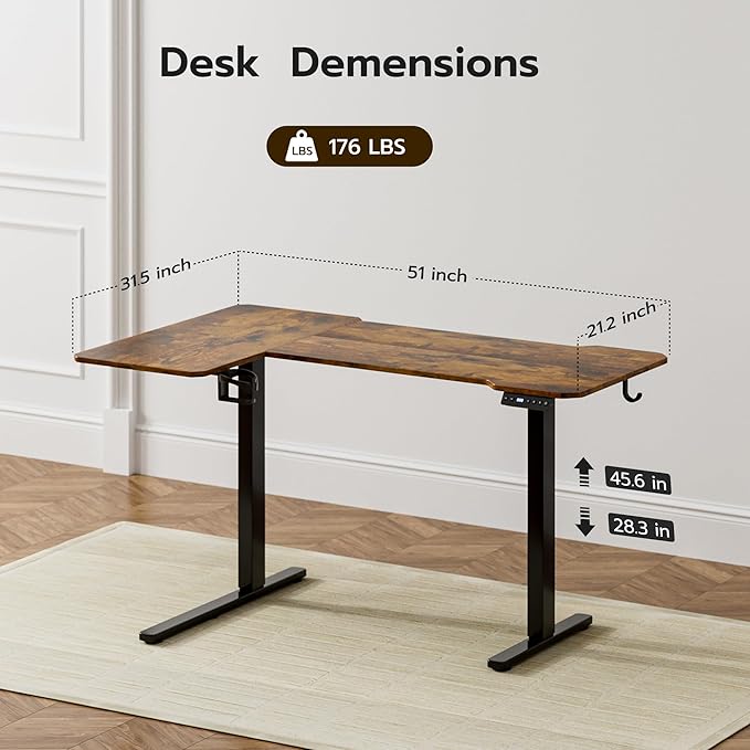 51" Reversiable L-Shaped Electric Standing Desk Adjustable Height Gaming Stand Up Corner Desk Sit Stand Home Office Computer Desk with Splice Board, Rustic Brown Top
