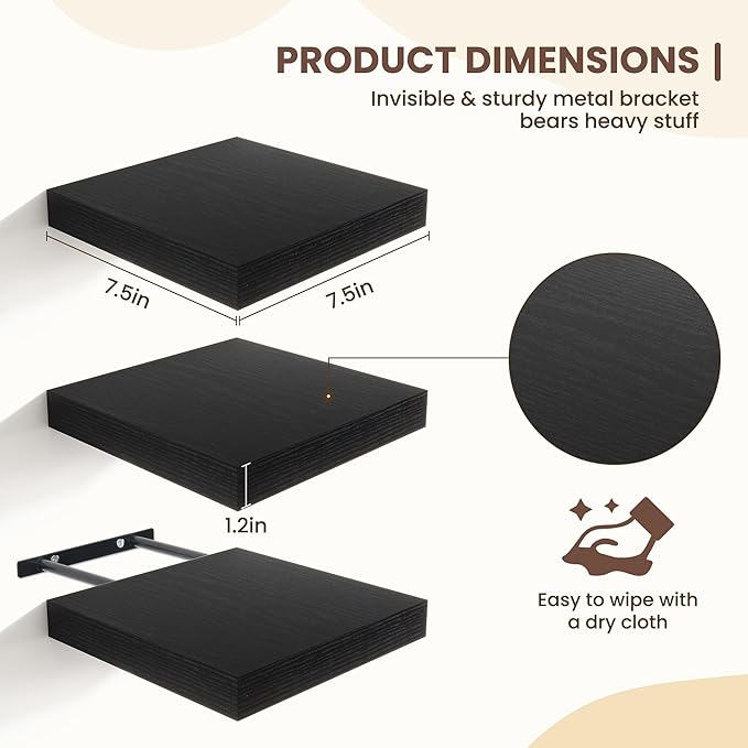 Fun Memories Floating Shelves for Wall - 7.5 Inch Square Shelves with Invisible Brackets, Black Small Wall Shelf for Living Room, Bathroom, Bedroom, and Kitchen Decor，Black Set of 3