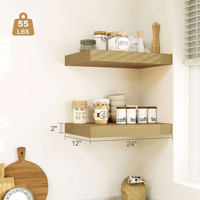 Heimlove Bathroom 12'' Deep Floating Shelves for Wall - Shelf Over Toilet Mounted Farmhouse 24 inches,Rustic Wood Shelves Decor & Storage Set of 1 Oak