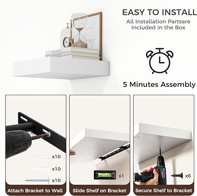 Square Floating Shelves for Wall, 12" W x 12" D x 2" H, 2 Pack of Small Wall Mounted Engineered Wood Shelves with Invisible Brackets for Living Room, Bedroom, Bathroom, Kitchen Decor, White