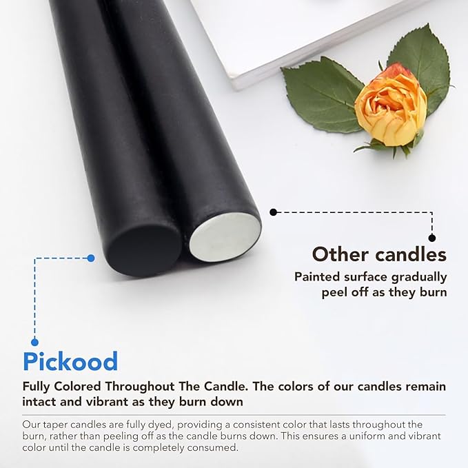 New Burning Formula Unscented Dripless 10-Inch Taper Candles Set of 12 - Black, for Wedding, Dinner - Smokeless, Long Burning - Hand Poured, Colored Tall Candlesticks - Negro