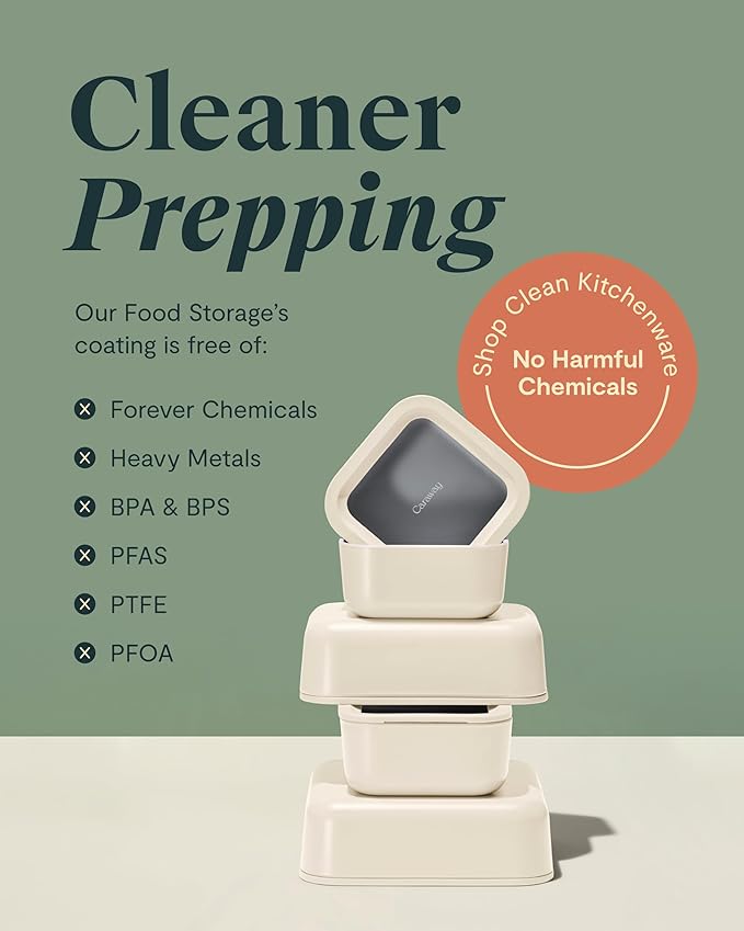 Caraway 6pc Glass Food Storage Set – 4.4 Cup Food Containers (6) - Ceramic Coated - Non Toxic, Non Stick with Lids - Microwave Safe - Cream