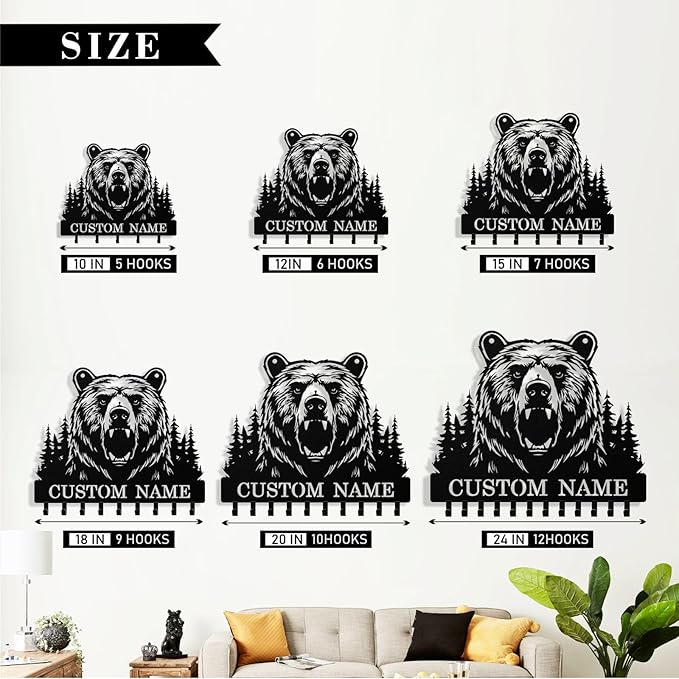 Personalized Bear Key Holder Wall Mount, Custom Metal Keys Hanger for Wall with Name, Custom Key Rack Holder with Hooks for Home, Entryway, Front Door, Living Room, Kitchen, Bathroom