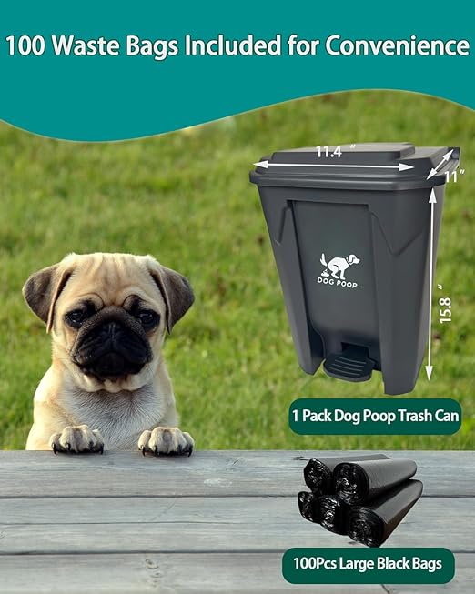Dog Poop Trash Can Outside with Foldable Pooper Scooper – 20L Outdoor Pet Waste Bin with Foot Pedal Lid & 100 Bags – Waterproof Odor Control Trash Can for Yard, Patio, Garden