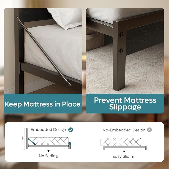 Bestier Queen Bed Frame with Headboard Storage and Charging Station, Black Platform Bed Frame with LED Light, Non-Slip Metal Bed Frame Queen Size, Noise-Free, Easy Assembly, Black