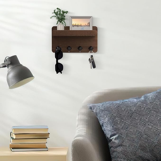 Nekon Key Holder Wall Mount, 8.5 Inch Small Home Decor Wooden Wall Organizer with 4 Hooks and Shelf, Key and Mail Holder for Living Room Entryway Kitchen (Brown)