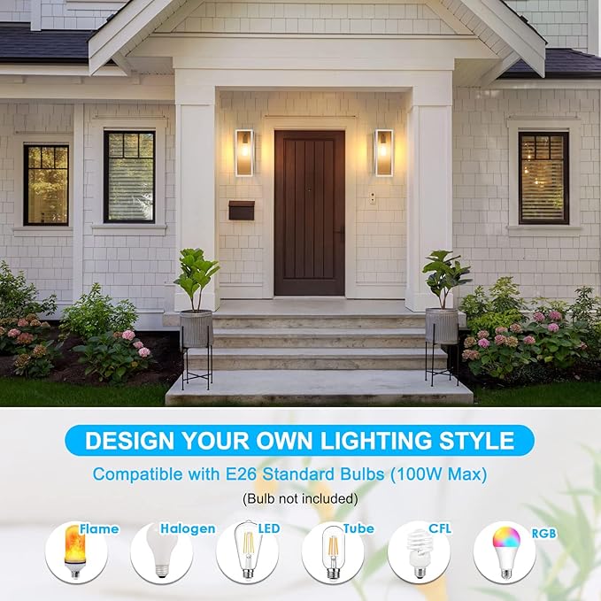 2-Pack Outdoor Wall Lanterns, Exterior Waterproof Wall Sconce with Glass Shades, White Porch Lights Mounted, Anti-Rust E26 Modern Lighting Fixtures for Patio Garage Entryway Front Door