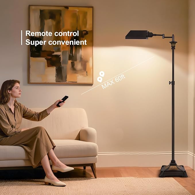 Scenekoy Adjustable Height Smart LED Floor Lamp for Living Room Bedroom, Remote Control Traditional 350º Swing Arm Standing Lamp with Swivel Metal Shade, Decor for Reading House Home Office