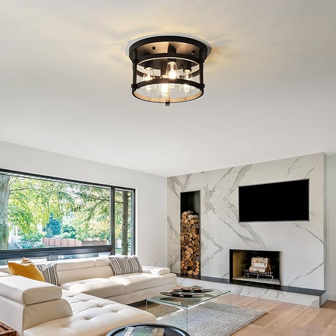 4-Light Retro Farmhouse Flush Mount Round Vintage Metal Ceiling Light Fixtures, Rustic Ceiling Lamp for Kitchen Island Hallway Entryway Bedroom Dining Room, E26 Bulbs, 13.78"