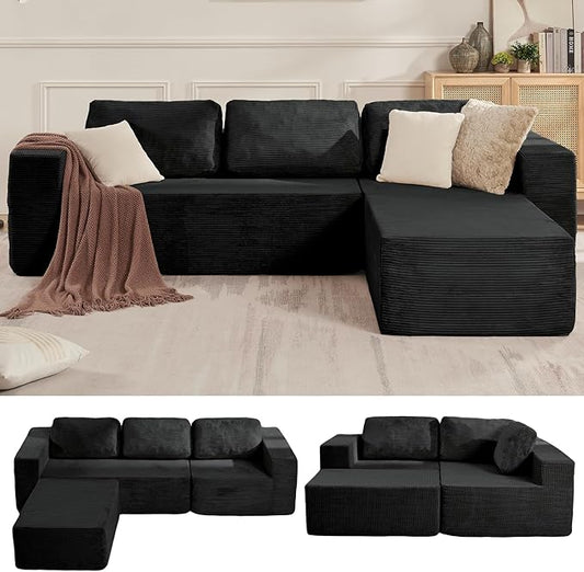 106" Cloud Sectional Couch, Left/Right Facing Convertible Sofa with Deep Seat, L-Shape Modular Upholstered Foam Couch for Living Room Bedroom, No Assembly Required (Corduroy Fabric, Black)