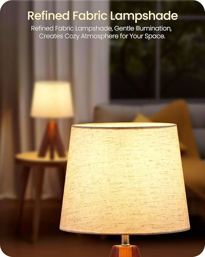 Small Tripod Table Lamp, Modern Nightstand Lamp with Fabric Shade, Boho Bedside Wood Desk Lamp for Bedroom, Kids Room, Living Room, Office, Study, Dark Wood and Beige, LE51TL05