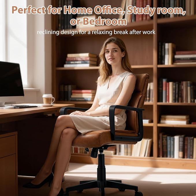 Artswish Leather Office Chair Brown Desk Chair with Wheels Arms, Mid Back Leather Executive Computer Chair Mid Century Chairs for Home Office